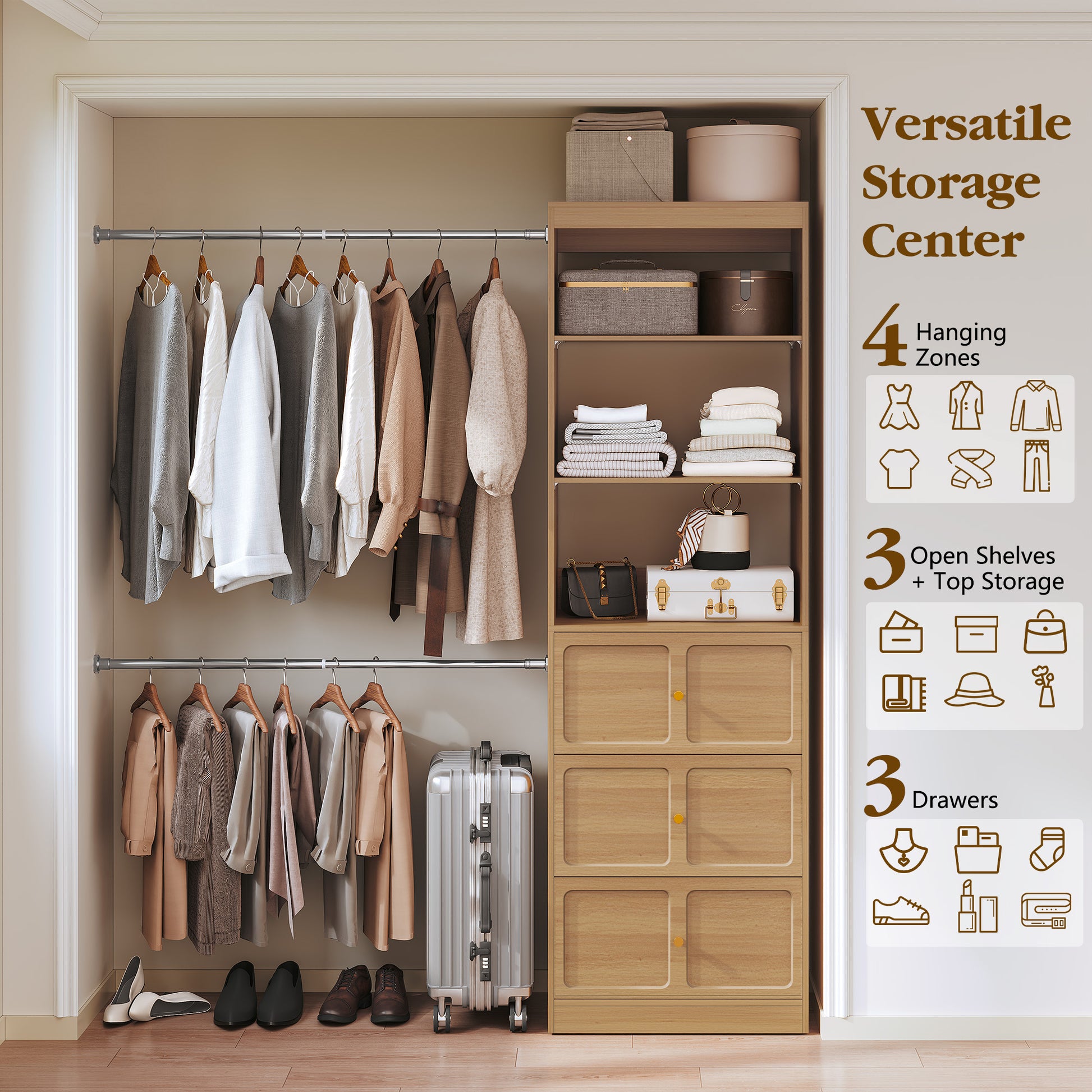 CBJCBJ Wood Closet Organizer System with 3 Drawers, 4 Hanging Rods, Wardrobe Clothes Rack for Bedroom,Wood