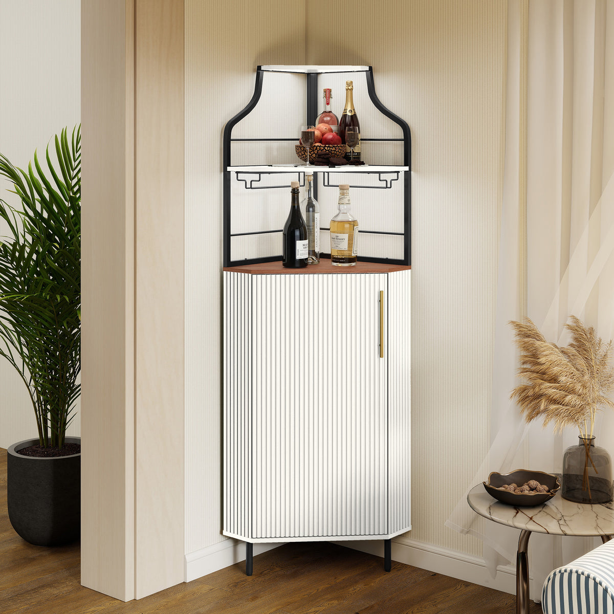HLR Corner Coffee Bar Cabinet with LED Strip, 4-Tiers Modern Tall Liquor Cabinet with Wine Rack for Dining Room, White