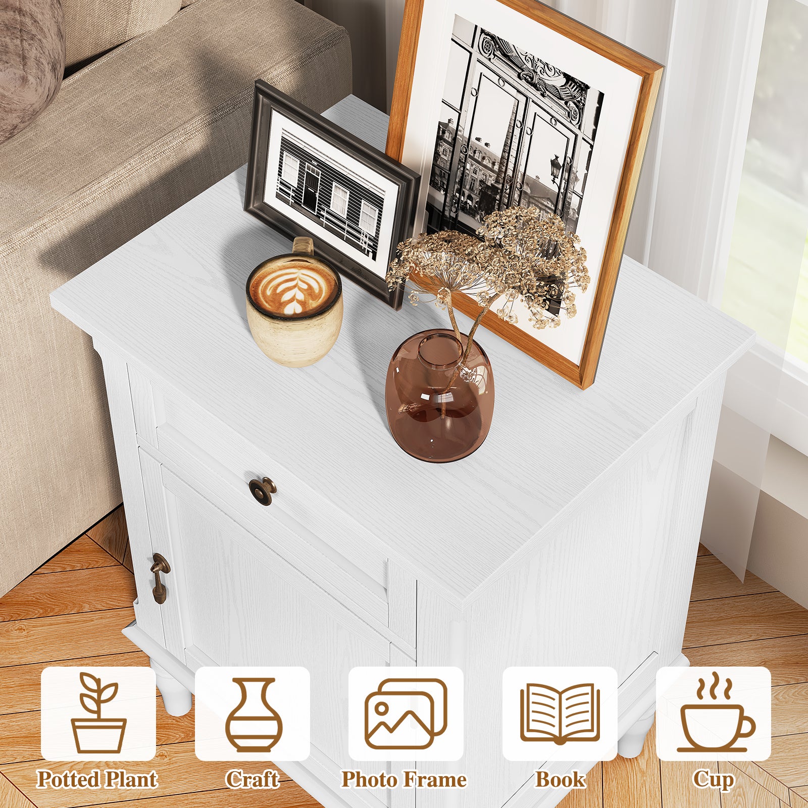 CBJCBJ 19" Retro Nightstands Set of 2, Bedside Table with Storage Drawers, for Bedroom, Living room,White