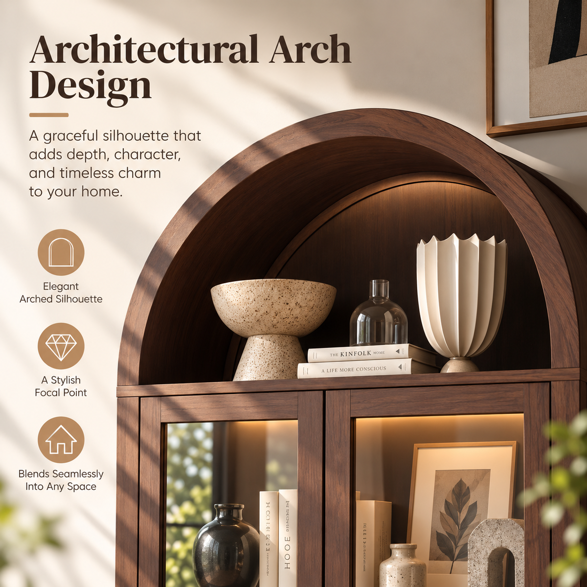 HLR 71" Tall Arched Modern Display Cabinet with Drawers, Curio Bookcase Cabinet with Glass Doors, Brown