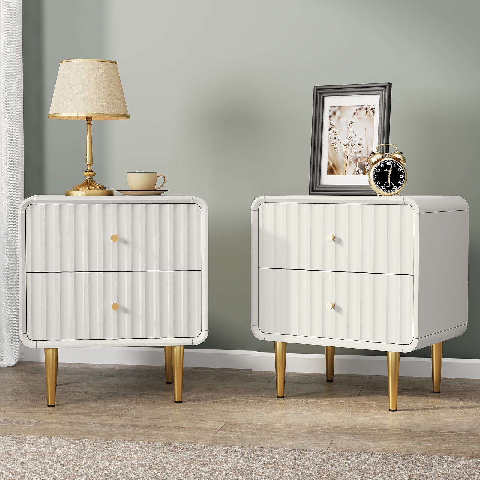 HLR 20" Modern Fluted White Nightstand Set of 2, Wood Bedside Table with 2 Drawers & Gold Metal Handles