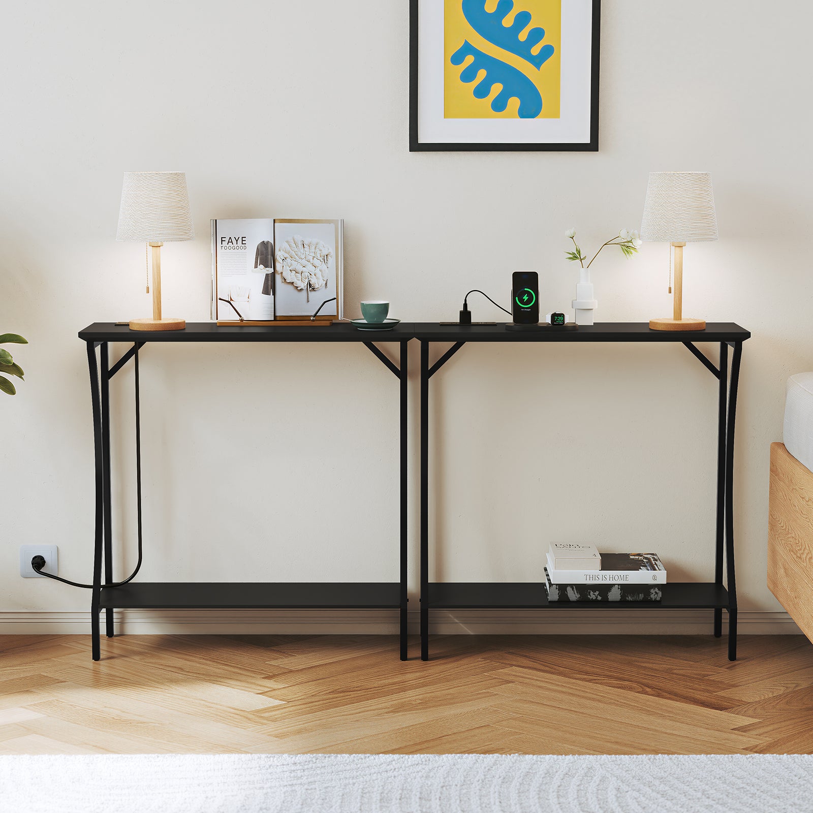 CBJCBJ Narrow Console Table with Charging Station, 2-Tier Simple Entryway Table for Living Room Hallway,Black