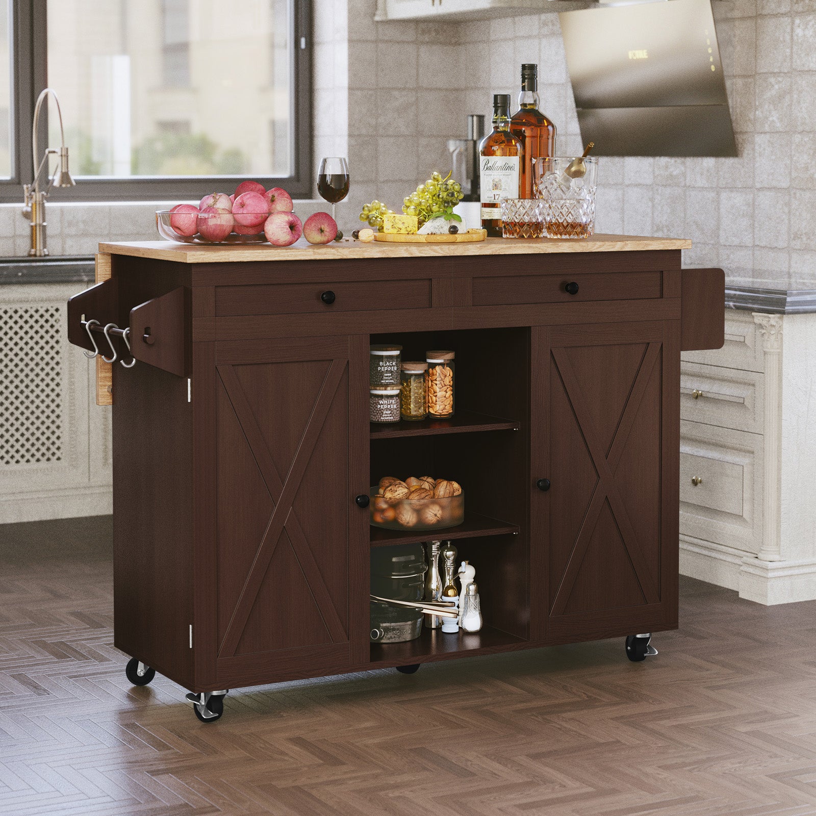 CBJCBJ 51.7" Rolling Kitchen Island Foldable, Adjustable Shelf & 2 Storage Doors - Mobile Kitchen Cart, Breakfast Bar with Storage (Brown)