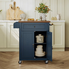 HLR Small Kitchen Islands Table with Storage, Rolling Wood Microwave Cart on Wheels for Dining Room, Blue