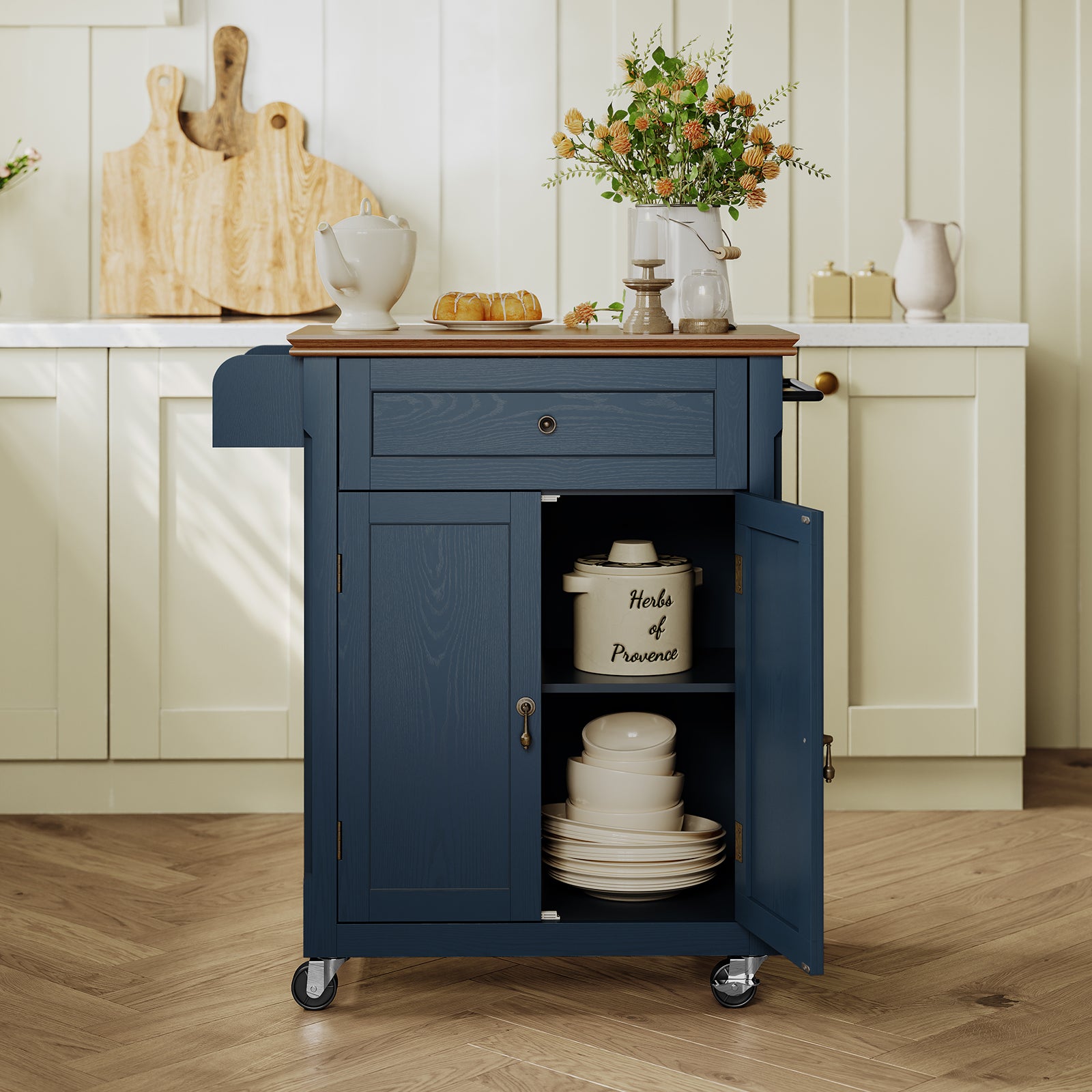 HLR Small Kitchen Islands Table with Storage, Rolling Wood Microwave Cart on Wheels for Dining Room, Blue