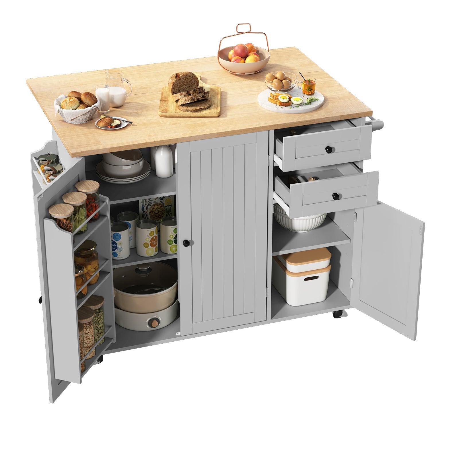 HLR 50.39" Kitchen Island with Storage, Wood Top Cart with Drop Leaf and Wheels, Gray