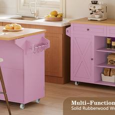HLR 51.7" W Rolling Kitchen Islands Cart, Adjustable Shelves, Breakfast Bar, Storage Cabinets,Pink
