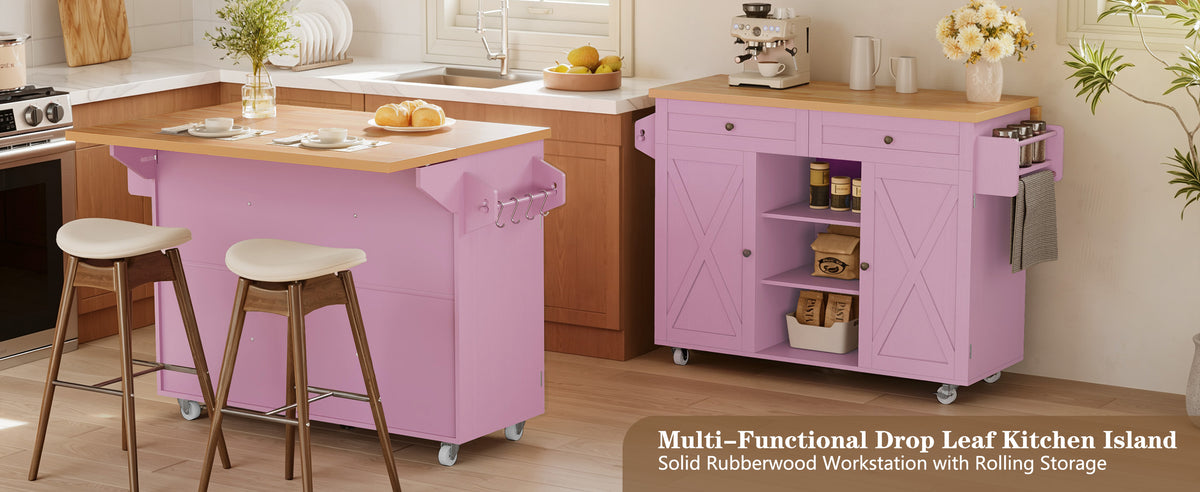 HLR 51.7" W Rolling Kitchen Islands Cart, Adjustable Shelves, Breakfast Bar, Storage Cabinets,Pink