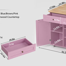 HLR 51.7" W Rolling Kitchen Islands Cart, Adjustable Shelves, Breakfast Bar, Storage Cabinets,Pink