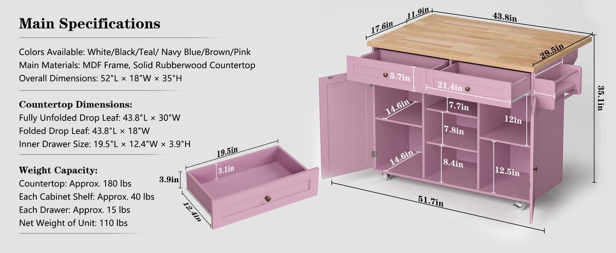 HLR 51.7" W Rolling Kitchen Islands Cart, Adjustable Shelves, Breakfast Bar, Storage Cabinets,Pink