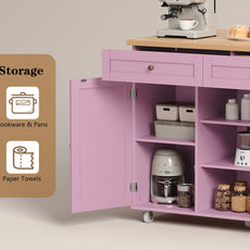 HLR 51.7" W Rolling Kitchen Islands Cart, Adjustable Shelves, Breakfast Bar, Storage Cabinets,Pink