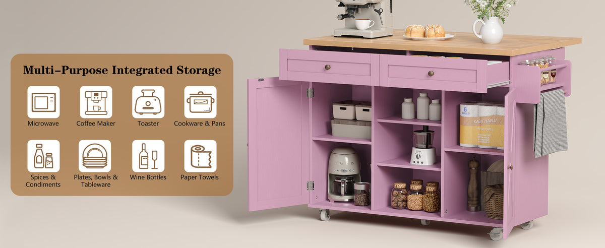 HLR 51.7" W Rolling Kitchen Islands Cart, Adjustable Shelves, Breakfast Bar, Storage Cabinets,Pink
