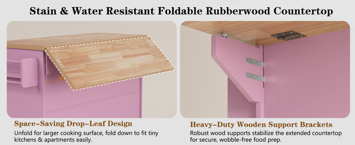 HLR 51.7" W Rolling Kitchen Islands Cart, Adjustable Shelves, Breakfast Bar, Storage Cabinets,Pink