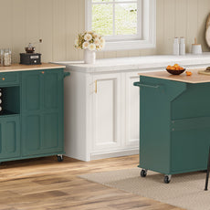 HLR Mid-Century 60" Kitchen Island with Trash Can Storage, Rolling Island Table, Green