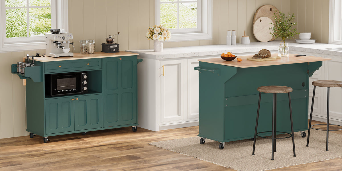 HLR Mid-Century 60" Kitchen Island with Trash Can Storage, Rolling Island Table, Green