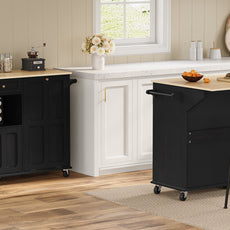 HLR Mid-Century 60" Kitchen Island with Trash Can Storage, Rolling Island Table, Black