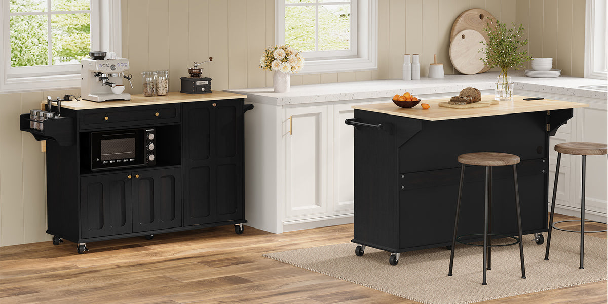 HLR Mid-Century 60" Kitchen Island with Trash Can Storage, Rolling Island Table, Black