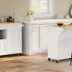 HLR Mid-Century 60" Kitchen Island with Trash Can Storage, Rolling Island Table, White
