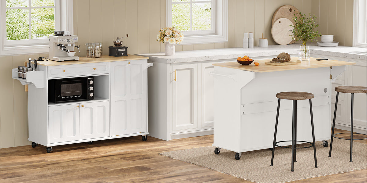HLR Mid-Century 60" Kitchen Island with Trash Can Storage, Rolling Island Table, White