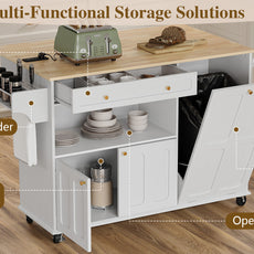 HLR Mid-Century 60" Kitchen Island with Trash Can Storage, Rolling Island Table, White