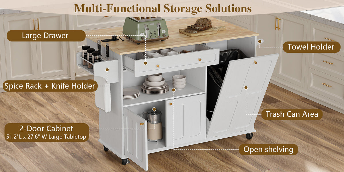 HLR Mid-Century 60" Kitchen Island with Trash Can Storage, Rolling Island Table, White