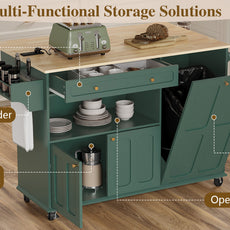HLR Mid-Century 60" Kitchen Island with Trash Can Storage, Rolling Island Table, Green