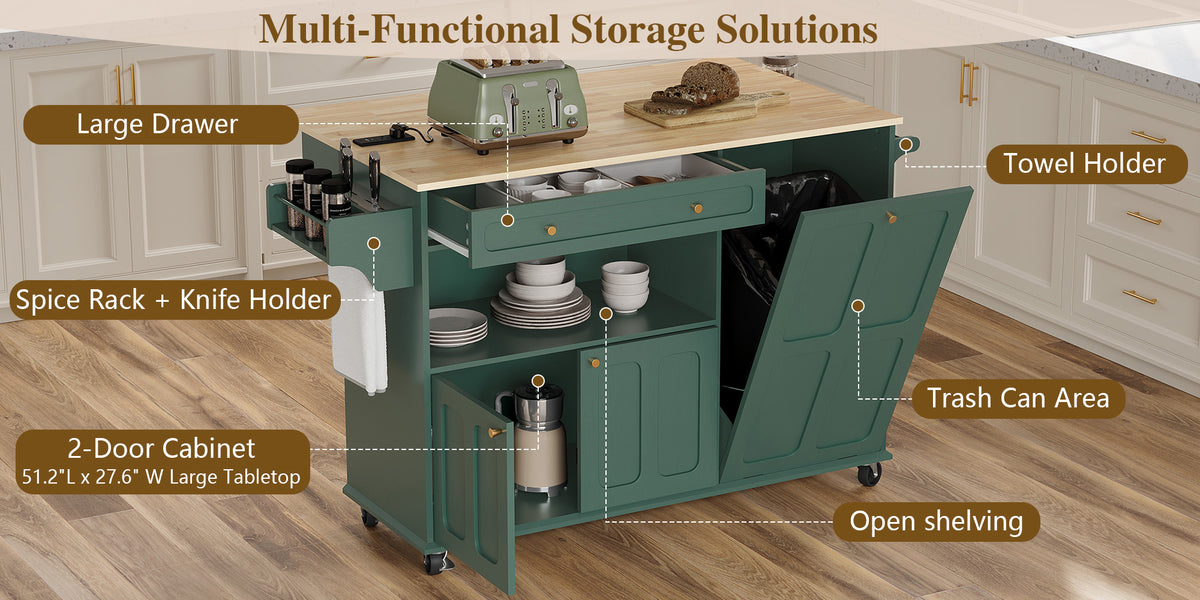 HLR Mid-Century 60" Kitchen Island with Trash Can Storage, Rolling Island Table, Green