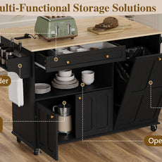 HLR Mid-Century 60" Kitchen Island with Trash Can Storage, Rolling Island Table, Black