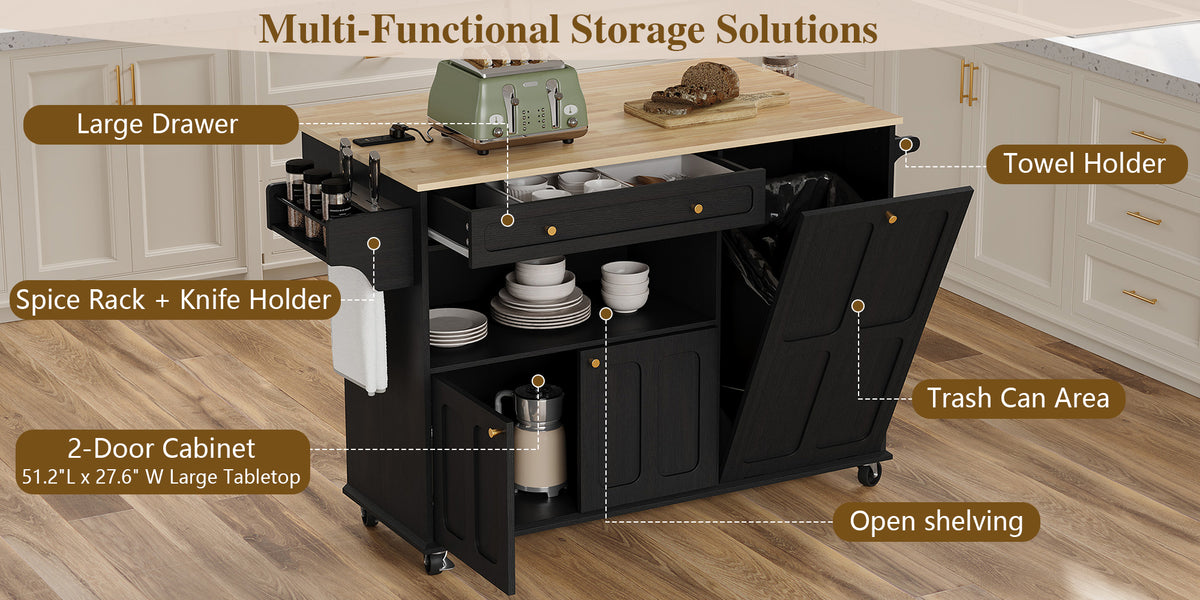 HLR Mid-Century 60" Kitchen Island with Trash Can Storage, Rolling Island Table, Black