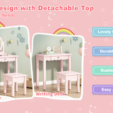 CBJCBJ Kids Vanity Set with Mirror and Stool（Detachable Top）, Wooden 2 in 1 Princess Makeup Desk Dressing Table