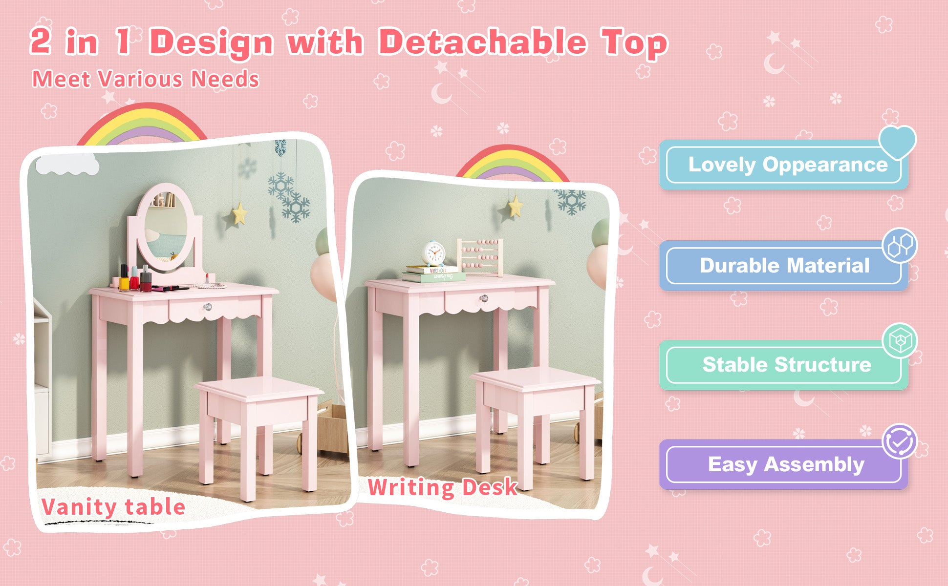 CBJCBJ Kids Vanity Set with Mirror and Stool（Detachable Top）, Wooden 2 in 1 Princess Makeup Desk Dressing Table