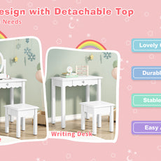 CBJCBJ Kids Vanity Set with Mirror and Stool（Detachable Top）, Wooden 2 in 1 Princess Makeup Desk Dressing Table