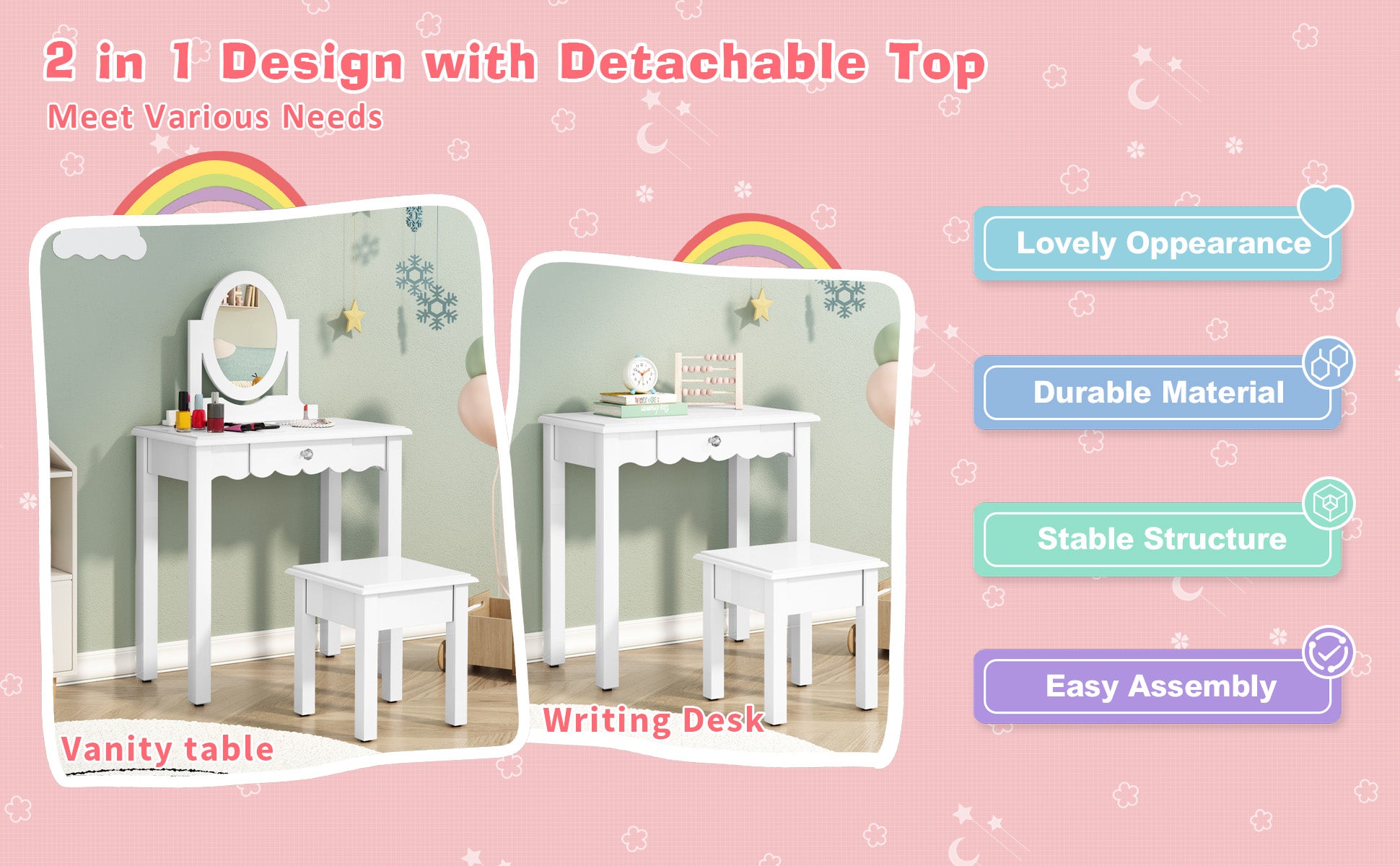 CBJCBJ Kids Vanity Set with Mirror and Stool（Detachable Top）, Wooden 2 in 1 Princess Makeup Desk Dressing Table