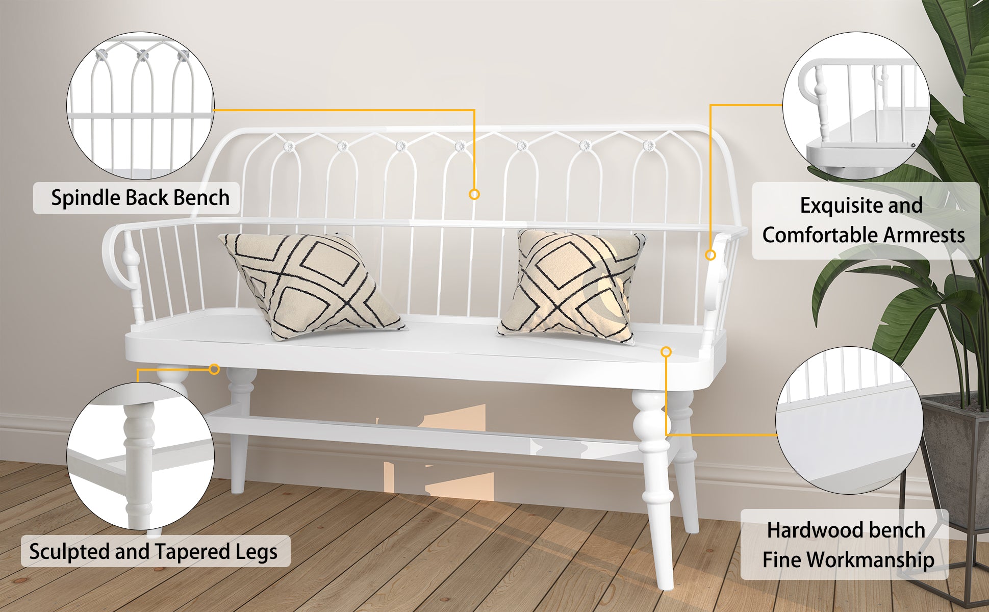CBJCBJ Farmhouse Entryway Bench, Spindle Back Wooden Dining Benches for Living Room, Mudroom