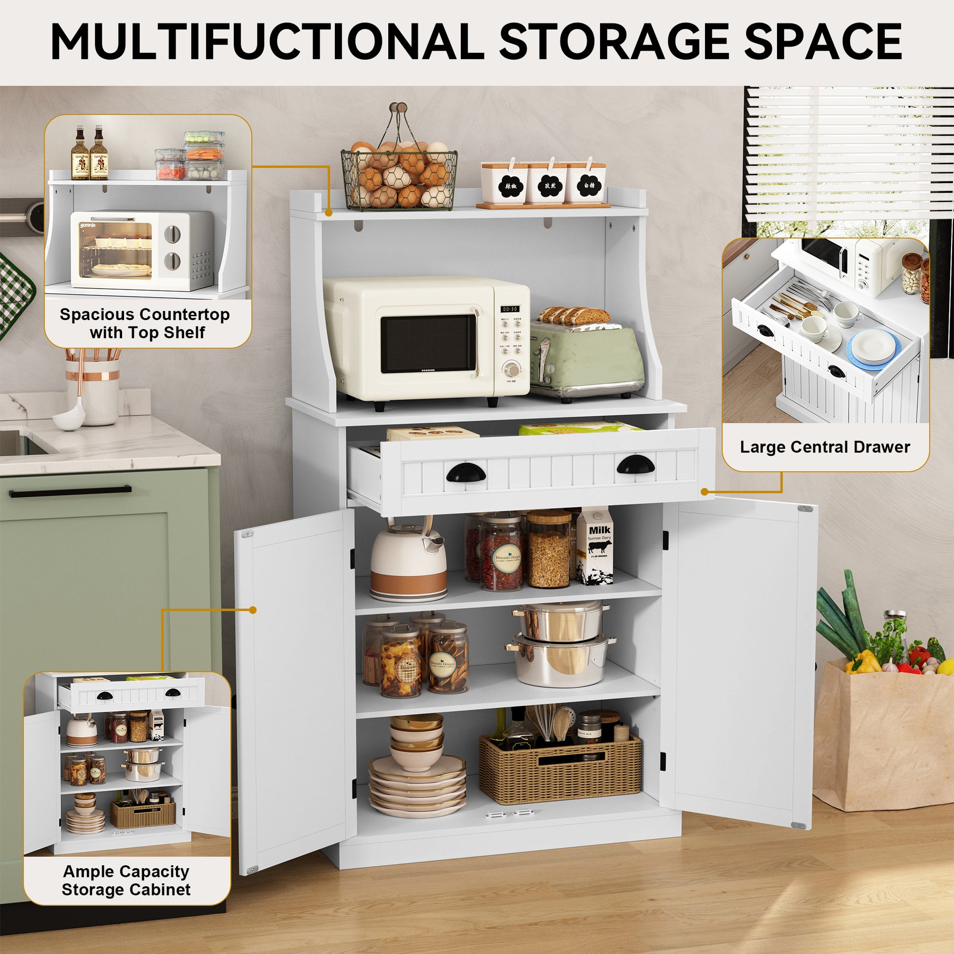 CBJCBJ 54" Kitchen Pantry Cabinet with Door & Shelves, Sideboard Buffet Cabinet with Microwave Stand for Dining Room, White