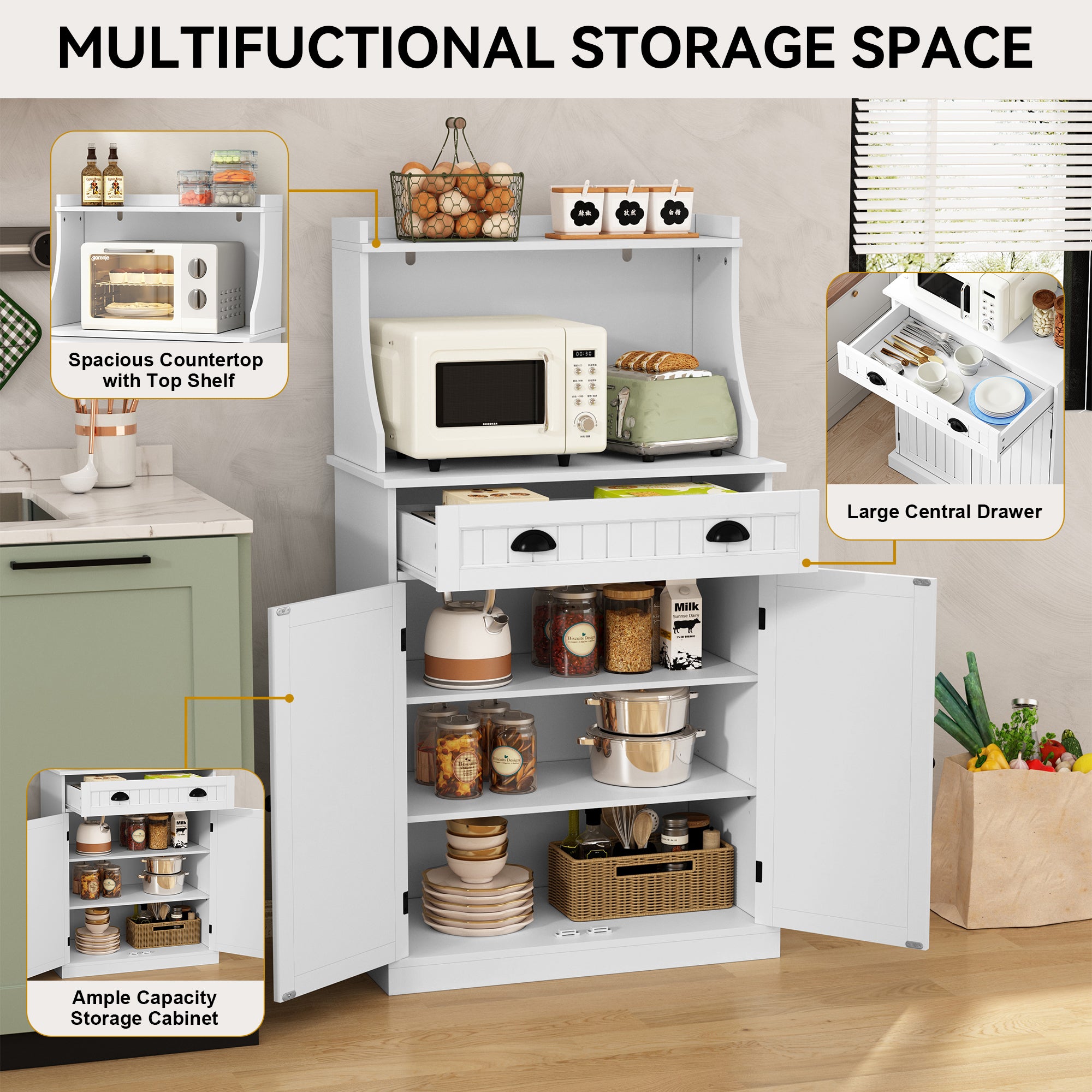 CBJCBJ 54" Kitchen Pantry Cabinet with Door & Shelves, Sideboard Buffet Cabinet with Microwave Stand for Dining Room, White