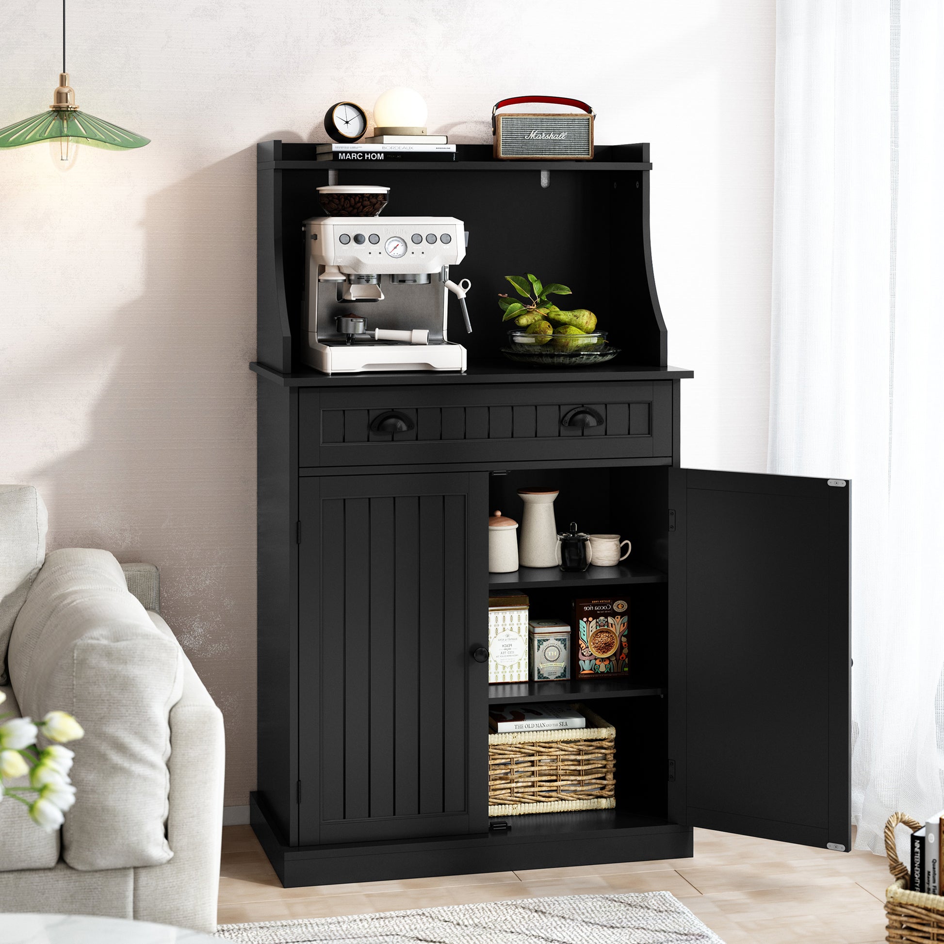 CBJCBJ 54" Kitchen Pantry Cabinet with Door & Shelves, Sideboard Buffet Cabinet with Microwave Stand for Dining Room, Black