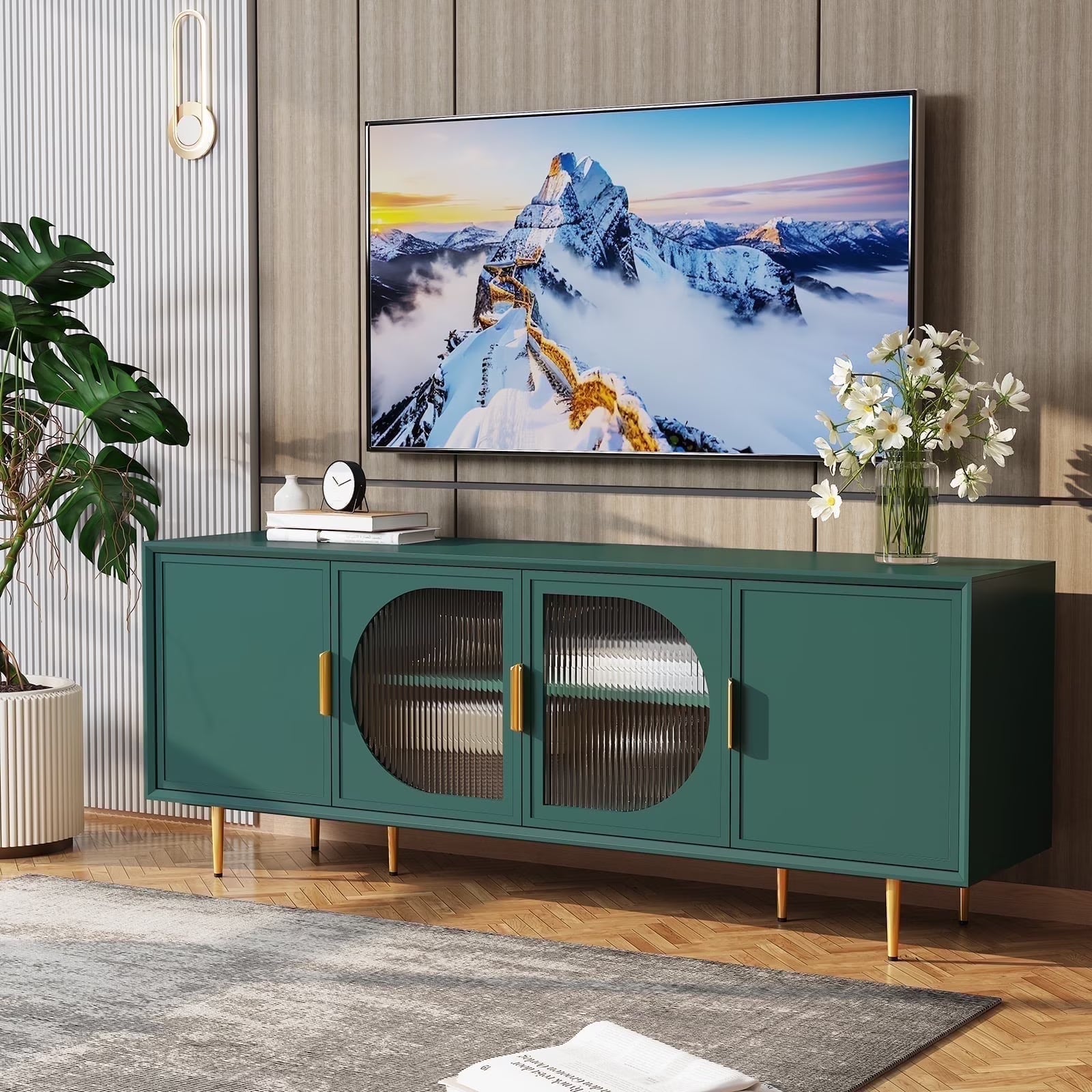 CBJCBJ 66" TV up to 75" Stand for Living Room, Entertainment Center with Glass Storage Cabinet