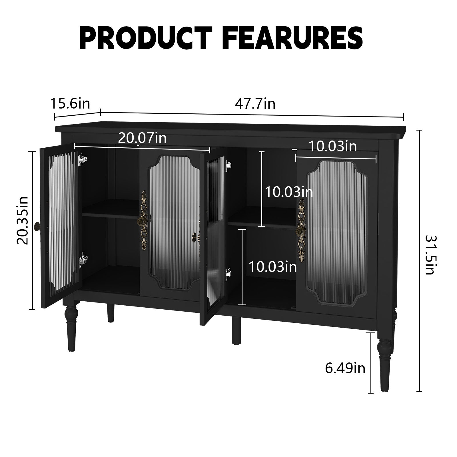 CBJCBJ Retro 47'' Wood Sideboard Buffet Cabinet,Storage Cabinet with Glass Doors for Living Dining & Bedroom (Black)