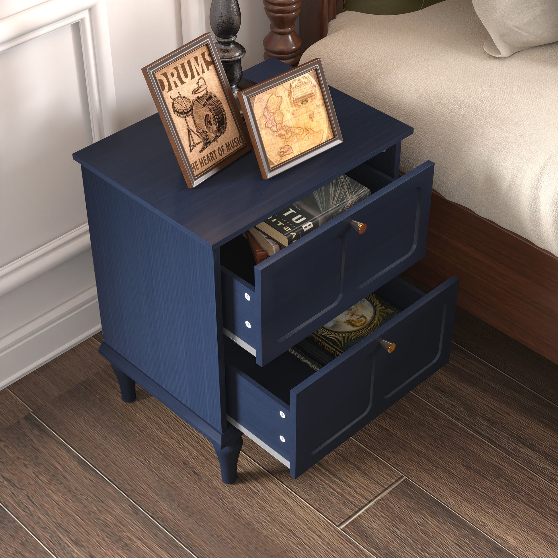 HLR 20" Mid Century Nightstands Set of 2 with Drawers, Wood Bedside Table End Table for Bedroom, Blue