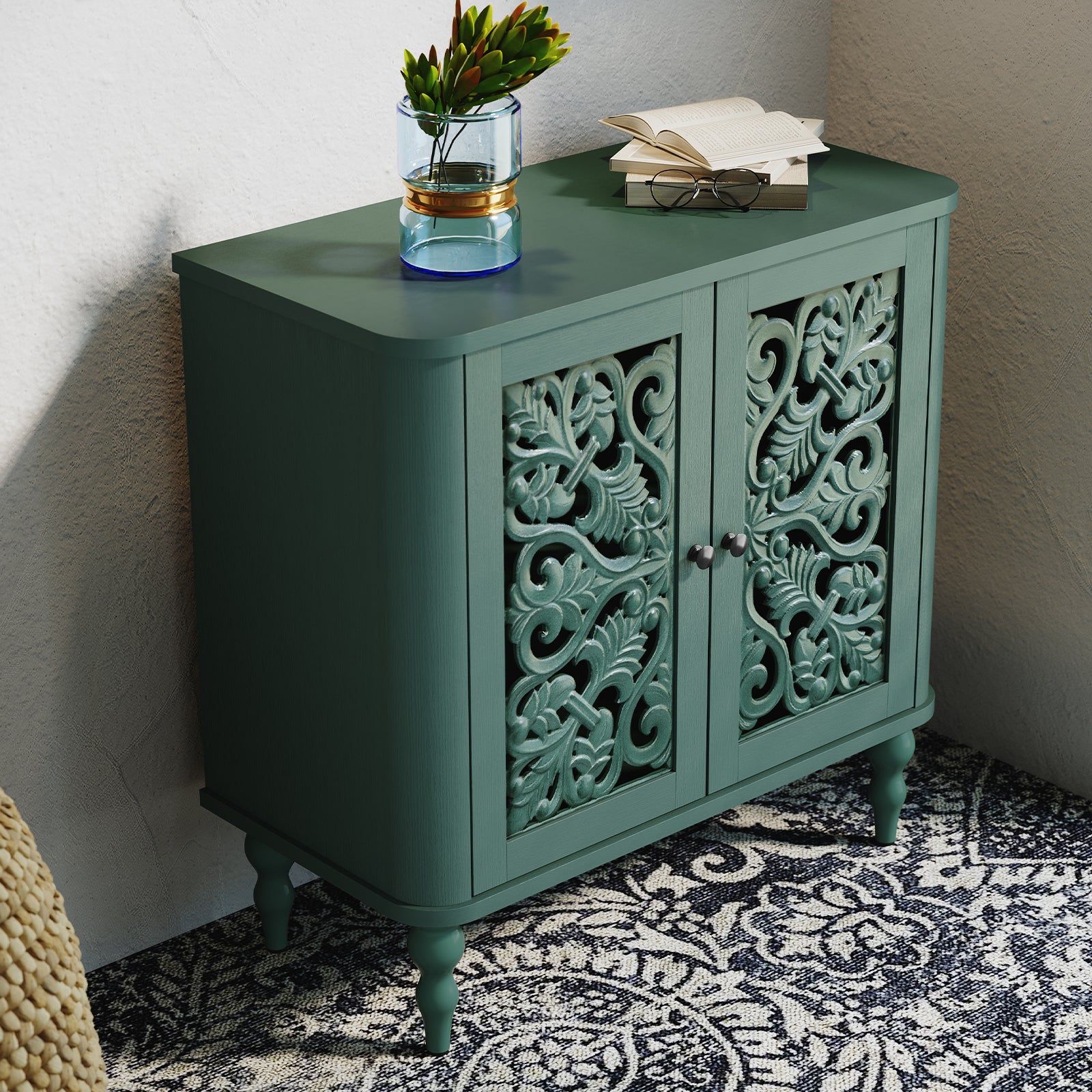 CBJCBJ 31.5" Retro Arc Carved Sideboard Buffet Cabinet, Wooden Credenza Storage for Dining Room, Green