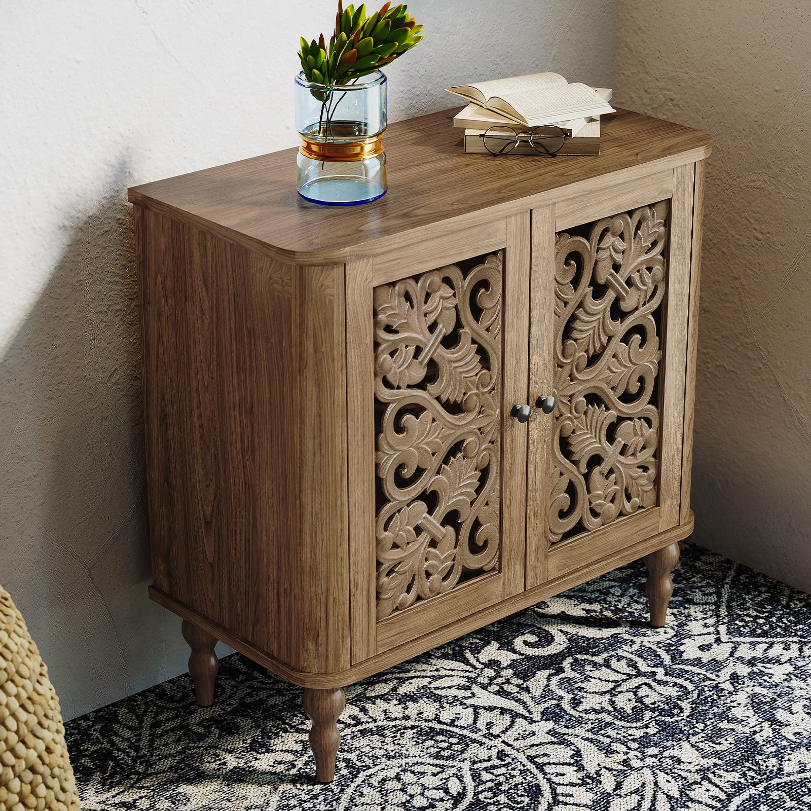 CBJCBJ 31.5" Retro Arc Carved Sideboard Buffet Cabinet, Wooden Credenza Storage for Dining Room, Brown