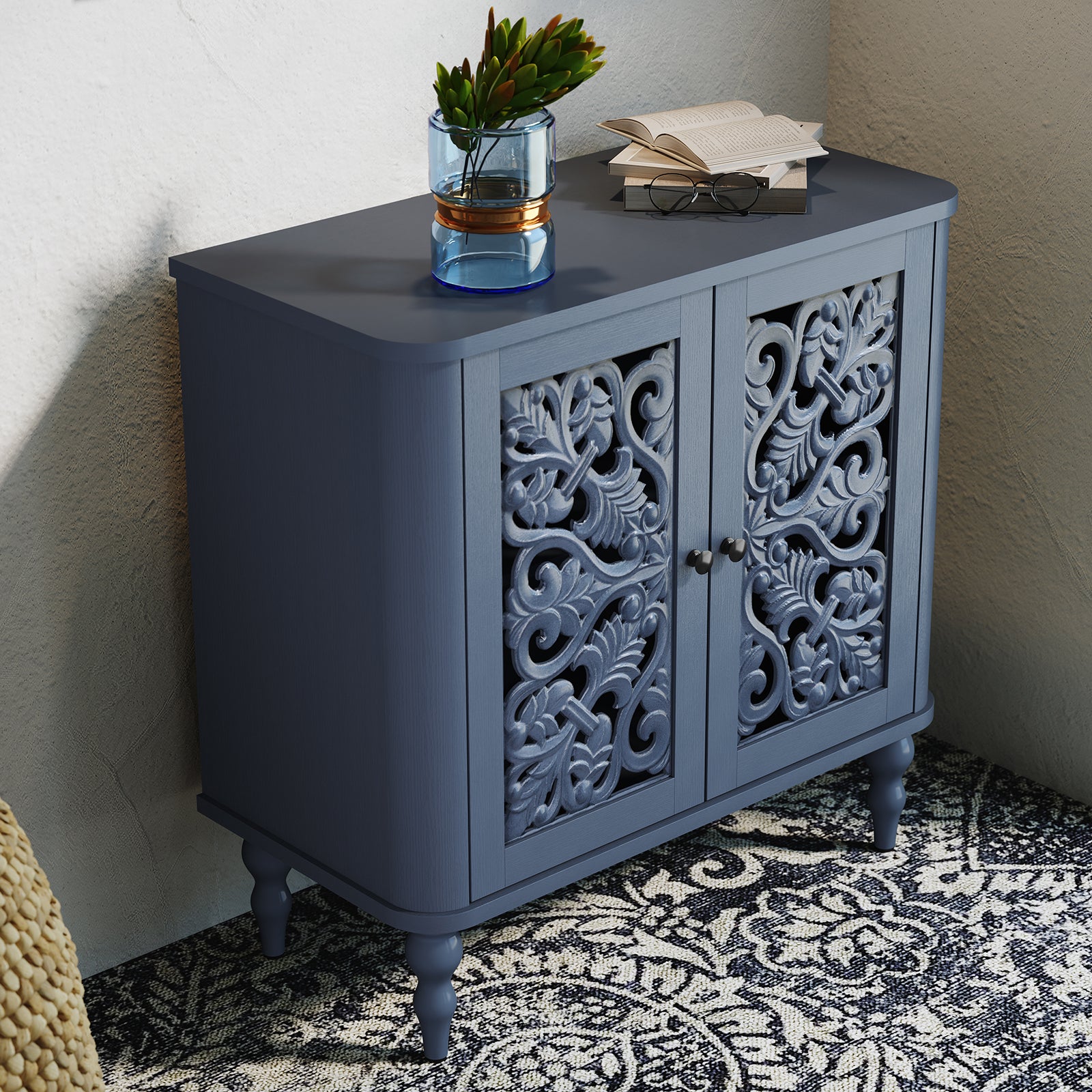 HLR 31.5"W Mid Century Rounded Corners Sideboards Buffets Cabinet with 2 Doors Storage for Kitchen Dining, Blue