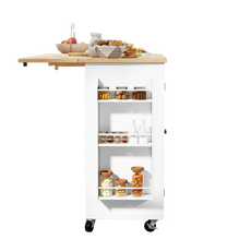 HLR 50.39" Kitchen Island with Storage, Wood Top Cart with Drop Leaf and Wheels, White