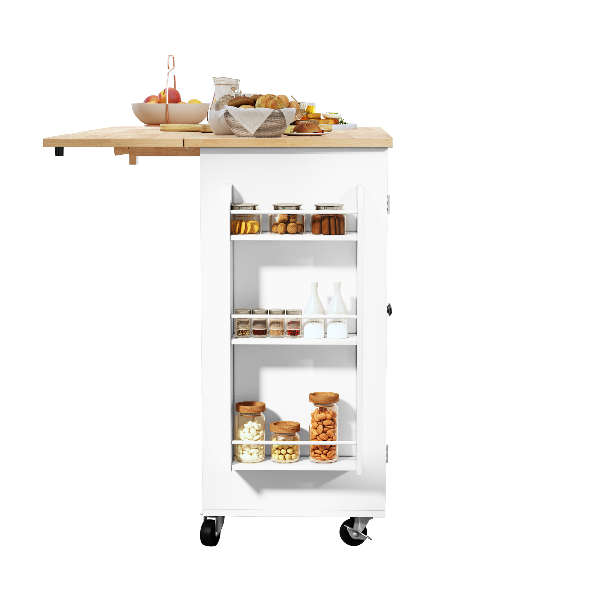 HLR 50.39" Kitchen Island with Storage, Wood Top Cart with Drop Leaf and Wheels, White