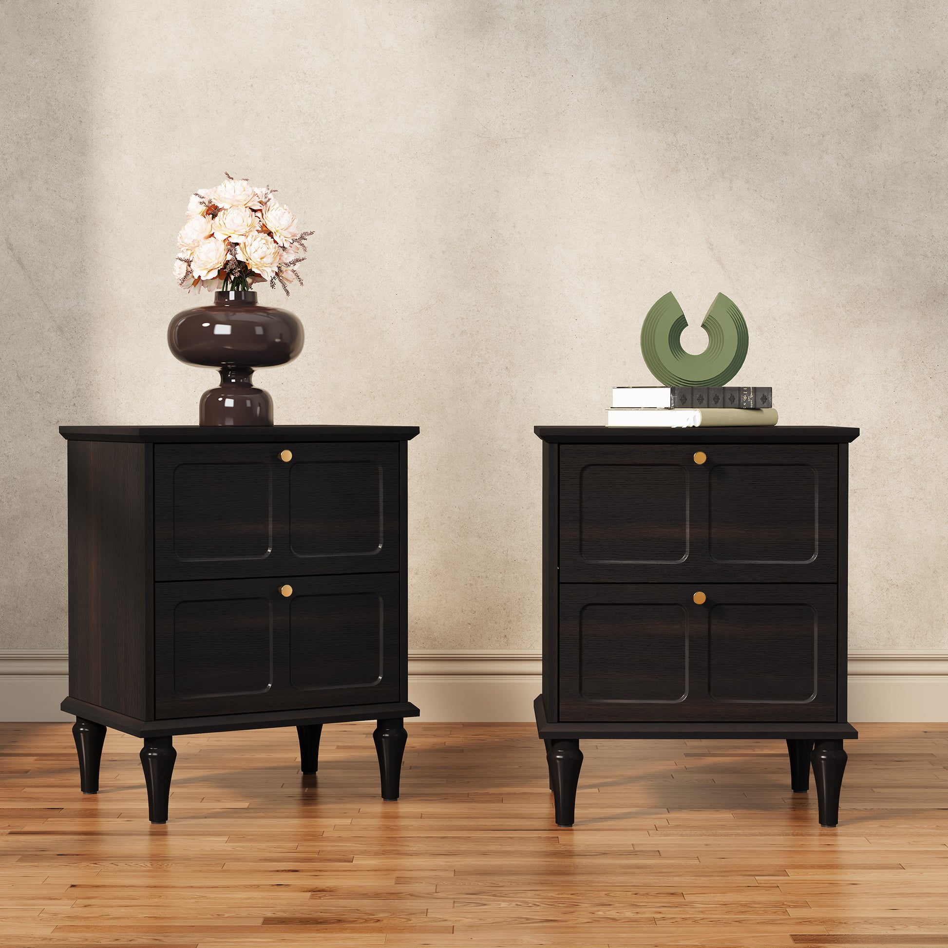 CBJCBJ21" Mid-Century Nightstands Set of 2, Featuring Two Storage Drawers with Metal Handles, Black