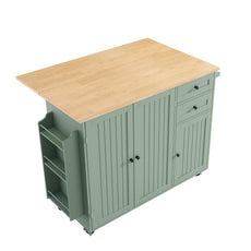 HLR 50.39" Kitchen Island with Storage, Wood Top Cart with Drop Leaf and Wheels, Green