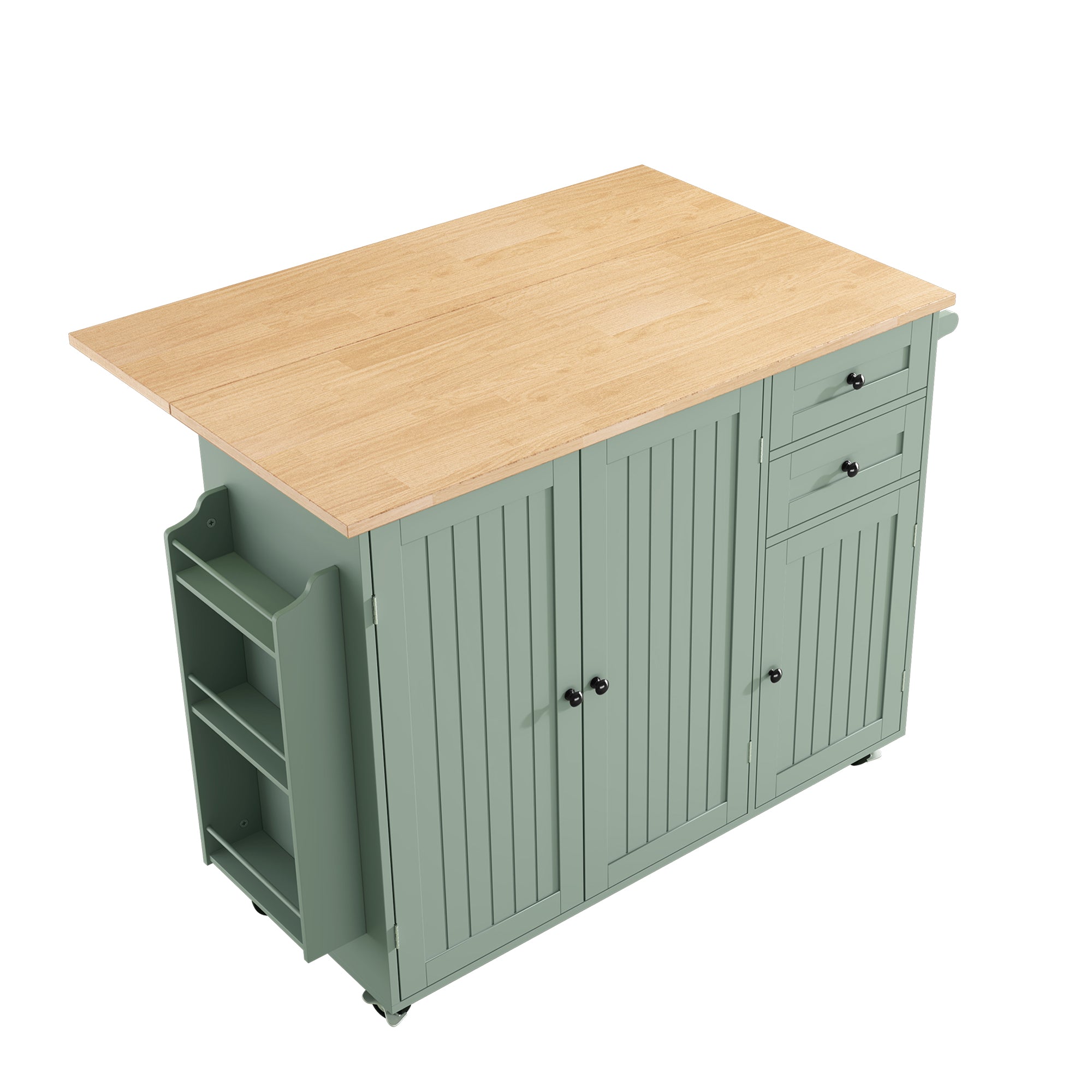 HLR 50.39" Kitchen Island with Storage, Wood Top Cart with Drop Leaf and Wheels, Green