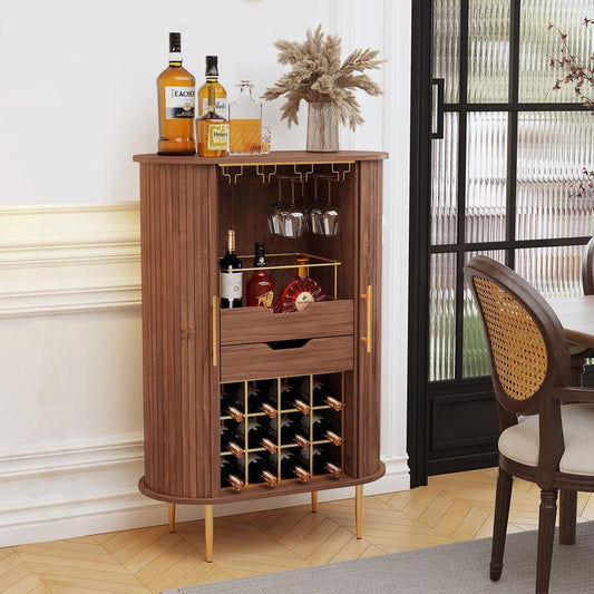 HLR® Wooden Wine Bar Cabinet with Tambour Door 16-Bottle Wine Rack