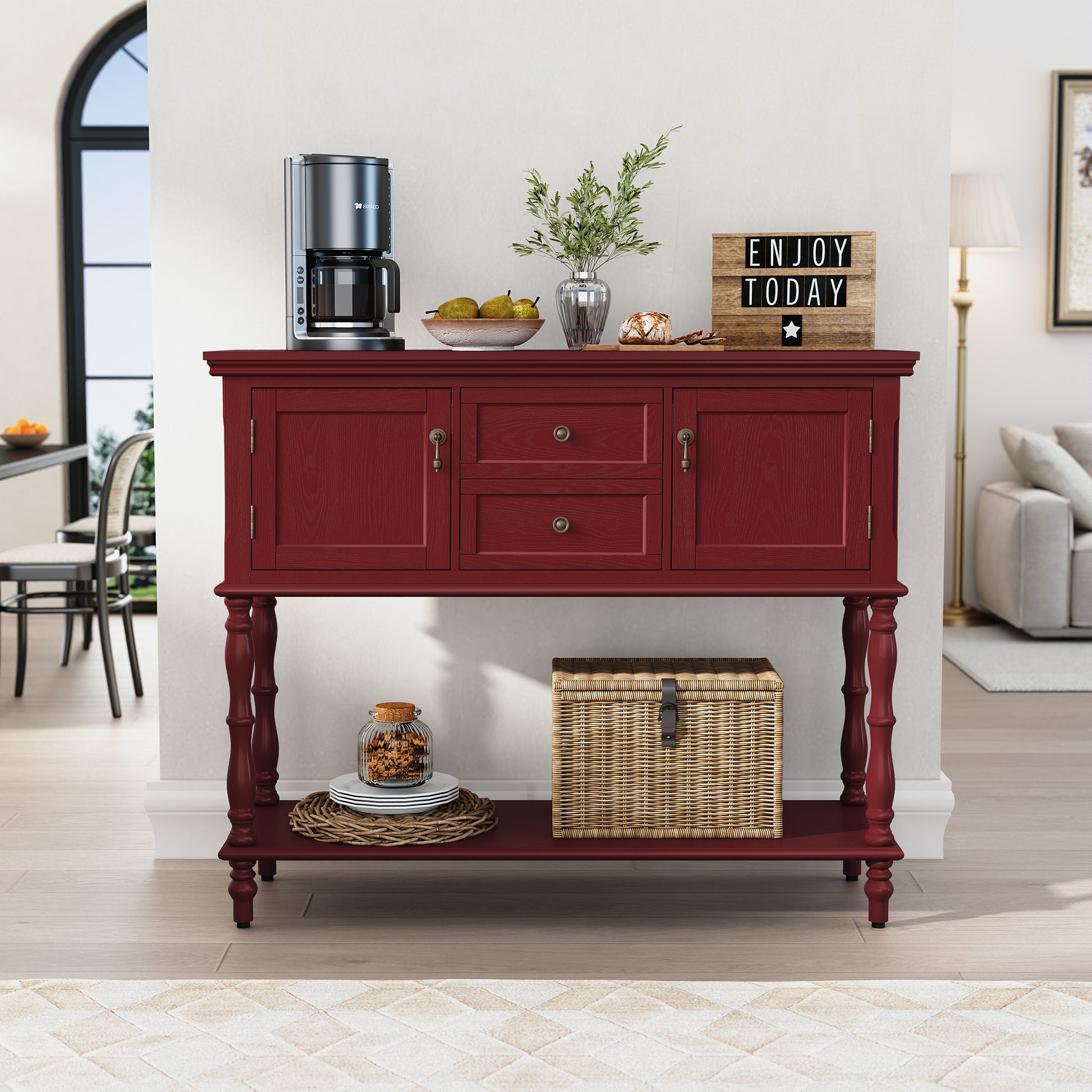 CBJCBJ 42" Farmhouse Console Table , 2 Drawer Narrow Long Entryway Table with Open Storage Shelf , for Living Room,Red